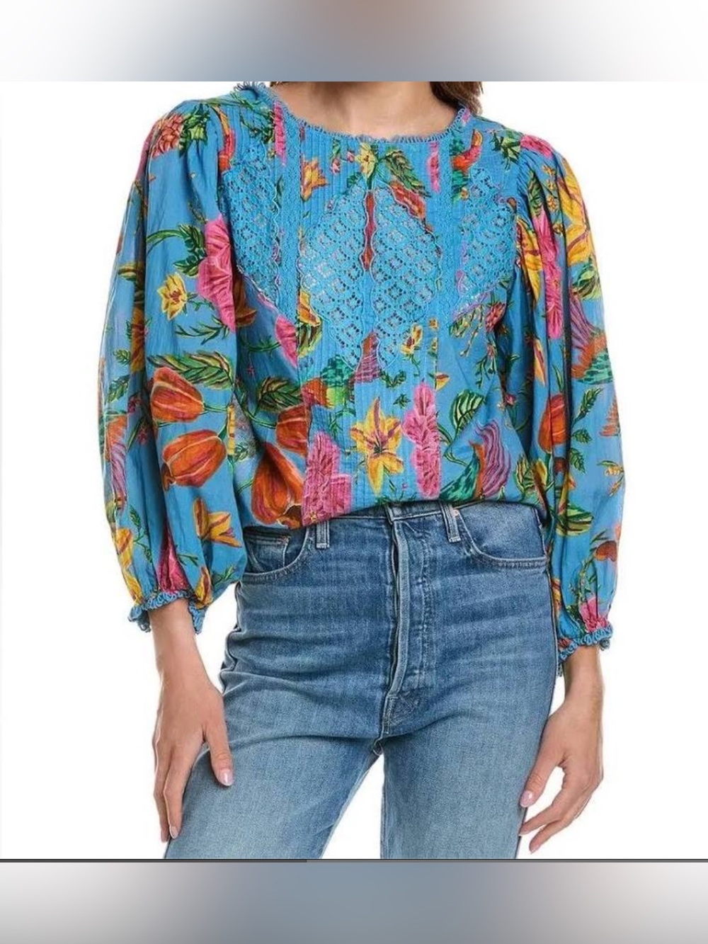 FARM Rio Blue Floral Lace-Trim Puff Sleeve Blouse - Picture 12 of 14